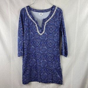 Lucky Brand Navy Blue/White  Long Sleeve Cotton Shirt Tunic Dress Large